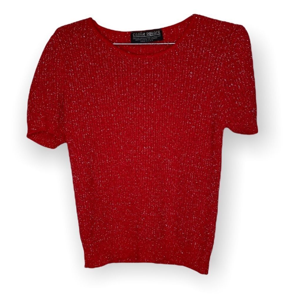 Vintage Castle Square sparkly red short sleeve sweater size Medium
